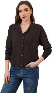 lot 4344 image: HOCANDY Womens Collared Cardigan Sweaters Button Down Polo Knit Cardigan Long Sleeve Button Up Sweater Top with Pocket Black Small