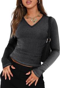 lot 4345 image: Samefar Womens Fall Fashion 2024 V Neck Long Sleeve Shirts Casual Slim Fitted Basic Ribbed Tops Black and Gray Medium