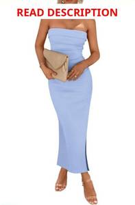 lot 4352 image: ZESICA Womens Summer Strapless Bodycon Maxi Dress Ribbed Sexy High Split Mermaid Prom Party Dresses,LightBlue,Large