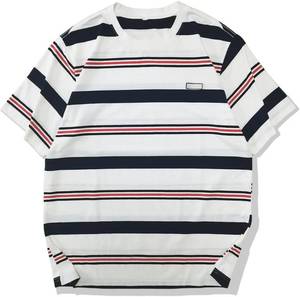 lot 4354 image: Mens Crew Neck Stripe T-Shirt Loose Short Sleeved Cotton T-Shirt. White with stripes Small