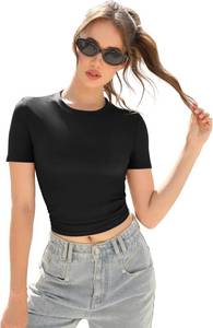 lot 4355 image: Womens Slim Fit Basic Crew Neck Short Sleeve Crop T-Shirt Summer Casual Streetwear Active Yoga Top 4-Way Stretch Fabric Black Medium