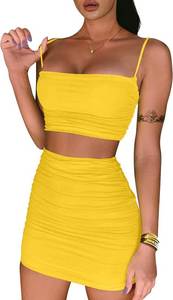lot 4358 image: BEAGIMEG Womens Ruched Cami Crop Top Bodycon Skirt 2 Piece Outfits  Dress Yellow Small