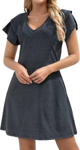 lot 4359 image: Summer Dresses for Women Beach Casual Sundress Floral V Neck A-line Dress Short Ruffle Sleeve Boho Dresses with Pockets Dark Gray Small