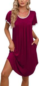 lot 4360 image: Womens Comfy Nightgown Loose Sleepwear Short Sleeve Nightdress Soft Comfy Cotton Pajamas Dress with Pockets Wine Red Wine 2XL