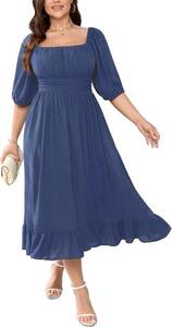 lot 4363 image: Womens Plus Size Maxi Dress Summer Half Lantern Sleeve Square Neck Smocked Flowy A-Line Elegant Wedding Guest Dresses Lake Blue 1XL