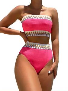 lot 4368 image: Womens Bandeau High Waisted Bikini Patchwork Strapless Ribbed Swimsuits Two Piece Bathing Suits Pink Large