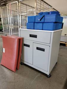 lot 17589 image: Rolling Storage Cabinet with Yoga Blocks, Straps and Exercise Mats