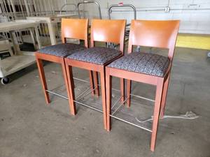 lot 17619 image: Set of 3 Counter Height Bar Stools Orange Upholstered Seat