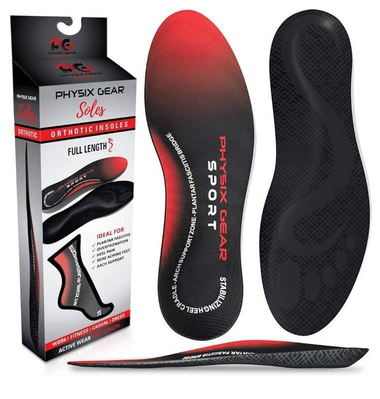 lot 63171 image: Physix Gear Orthotic Insoles for Men & Women - Arch Support Orthotics Insole, Orthopedic Insoles, Inserts for Men & Women, Foot Insoles for Plantar Fasciitis Comfort, Shoe Insert, Feet, RedBlack, XS - Retail $15