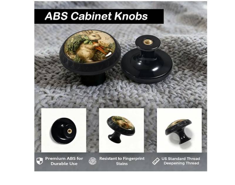 lot 63241 image: 4 Pack Bunny with Carrots Cabinet Knobs Round Drawer Pulls Black (bunny different) - Retail $14