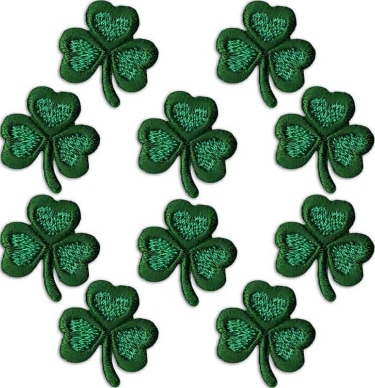 lot 63154 image: Laughing Lizards Small Shamrock Patches (10-Pack) Three Leaf Clover St. Patricks Day Iron On Appliques for Clothing, Uniforms, Hats, Backpacks, Jackets, Pants, Accessories, Etc - Retail $8
