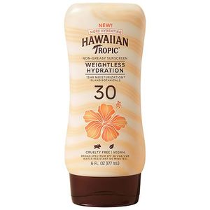 lot 17202 image: Hawaiian Tropic Weightless Hydration Lotion Sunscreen SPF 30, 6oz DAMAGED LID - Retail $10