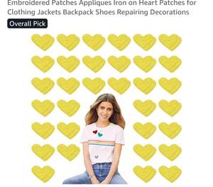 lot 17208 image: 16pcs Yellow Heart Shape Iron on Patches, Cute Mini Heart Shape Iron-onsew-on Patches Embroidered Applique Decoration for Clothing Jackets Backpacks Jeans Hats Bags - Retail $7