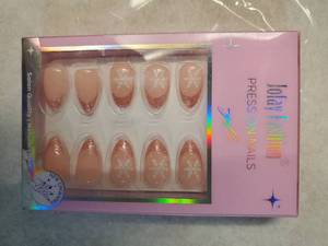 lot 17223 image: Press On Nails Almond - Jofay Fashion Pink Snowflake Glitter Press On Nails, Glossy Acrylic Fake Nails with Glue for Women, Reusable Winter Glue On Nails in 16 Sizes - 32 Stick On Nails Kit - Retail $8