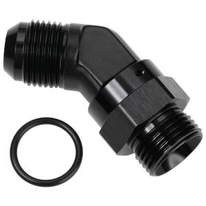 lot 17230 image: Podavelle 10AN Male Flare to 10AN -10 ORB O-ring Boss 45 Degree Swivel Fitting Adapter Aluminum Black MISSING RING - Retail $20