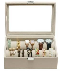 lot 17233 image: Bracelets Organizer Rods Bangles Display Holder, Clear See through Lid Leather Velvet Jewelry Storage Box Case for Women, 2 Rods Apricot Leather - Retail $23