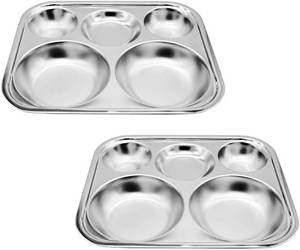 lot 17237 image: Korean Stainless Steel Divided Plates for Adults, Teens, Premium 304, Electro-Polished, No Black Residue, BPA-Free, Large 5-Compartment Food Tray, Diet Portion Control, Camping, Set of 2 - Retail $35
