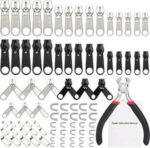 lot 17251 image: 85 Pcs Zipper Repair Kit with Replacement Zipper and Pull Nylon Zippers Slider Universal Zippers Repair Kit with Instruction Manual Install Plier for Luggage Jacket Coat Jean Black and Silver - Retail $9
