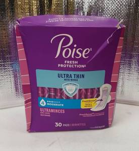 lot 17274 image: Poise Overnight Ultra Thin Incontinence Pads with Wings, 30 Count - Retail $19