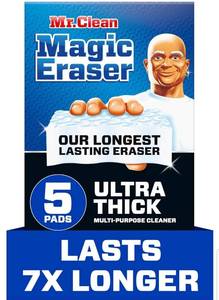 lot 17278 image: Mr. Clean Magic Eraser Sponge, All Purpose Cleaner, Long Lasting Cleaning Scrubber, Wall Cleaner, Sneaker Cleaner, Oven Cleaner, Kitchen, Bathroom, Shower Cleaning Supplies, Ultra Thick, 5ct - Retail $11