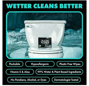 lot 17288 image: DUDE Wipes On-The-Go Travel Wipes - 18 Count (Individually Wrapped) - Large Adult Flushable Wipes - Infused with Tea Tree Oil, Vitamin E, and Aloe - Septic and Sewer Safe - Retail $7