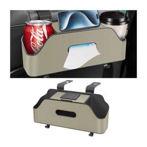lot 17295 image: Car Headrest Backseat Organizer with Cup Holder, Multi-Functional Vehicle Seat Back Hanging Storage Box with Hooks, Auto Drink Snack Phone Tray Travel Accessories for Kids Adults (Beige) - Retail $17