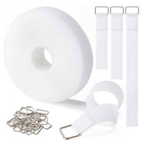 lot 17296 image: 1 x16Ft Hook and Loop Straps with 25 Metal Buckles, Adjustable Fastening Cable Straps, Free Cut Length, Reusable Nylon Cable Ties for Organizer or Storage, White - Retail $10