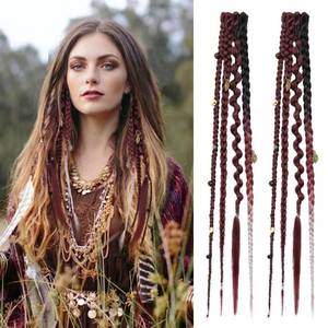 lot 9251 image: REECHO Clip in Braid Hair Extensions for Women, 16 Boho Dreadlock Clip in Braids with Beads & Charms, 2PCS Handmade Synthetic Braided Hairpieces for Cosplay Daily Styling, Burgundy & White