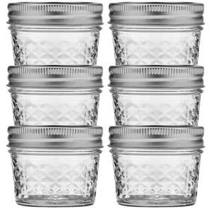 lot 9285 image: Ball Wide Mouth Quilted Crystal Jelly Jars with Lids and Bands, Used for Canning, Pickling, Juice, Jam, Jelly, Quarter Pint Size (4 Ounce (Pack of 6))