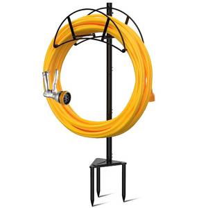 lot 9320 image: Suchek Metal Garden Hose Holder Stake, Freestanding, Heavy Duty Water Hose Stand, In Ground Hose Rack Organizer for Outside Yard (Black)