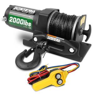 lot 9332 image: Zostera 2000lb ATV Winch Electric 12V,with Synthetic Rope, RV Waterproof Towing Winches,with Wired Manual Remote Controller Switch,with Mounting Plate, Fairlead&Hook
