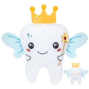 lot 9366 image: NIUBEHOHO Tooth Fairy Plush Holder Gift 12 Inch Big Tooth Pillow Crown Blue Wings Star Wand Kids Tooth Fairy Gift for Boys Girls with Pocket