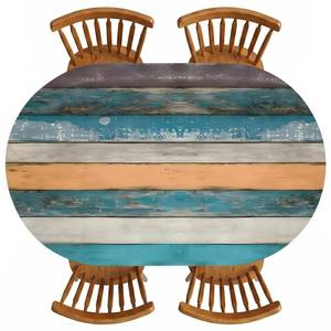 lot 9384 image: 68X48 Inch Inch Multicolor Oval Table Protector for Kitchen, Vintage Wood Planks Table Cloth Oval Cover with Elastic Edge Waterproof Picnic Circle Tablecloth for Dinner, Outdoor, Party, Camping, BBQ