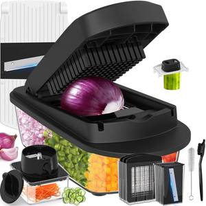 lot 9390 image: 12 Blade All-in-1 Vegetable Chopper Mandoline Slicer with Container, Spiralizer with Containers, Food Chopper, Onion Chopper, Veggie Cutter for Salad, Kitchen Gadgets Accessories Essentials, Black