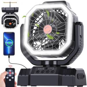 lot 9399 image: AVV 20000mAh High Speed Portable Camping Rechargeable Fan with Remote Control, Battery Powered with Auto Oscillating with Camping Essentials Accessories for Outdoor, Beach, Patio, Tent, Black