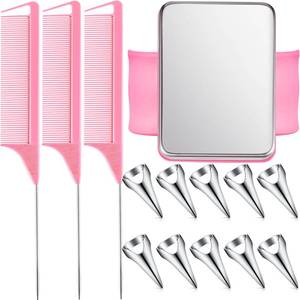 lot 9403 image: Patelai 10 Pieces Hair Parting Ring 3 Pieces Steel Rat Tail Braiding Comb and Magnetic Wrist Pin Hair Parting Selecting Finger Tool Stitch Combs for Braiding Stitch(Pink, Silver)