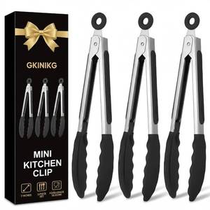 lot 9407 image: GKINIKG Mini Tongs with Silicone Tips, 7-Inch Small Serving Tongs for Cooking, Stainless Steel Food small tongs with Locking Mechanism for Salad, Taco Bar, Appetizers & Buffet, Set of 3