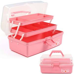 lot 9410 image: TERGOO 12in 3-Layer Plastic Craft Organizers and Storage, Portable Folding Tackle Box with Handle & Adjustable Dividers, Multipurpose Case for Sewing, Art Supplies, Medicine, Tools (Pink)