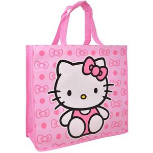 lot 9413 image: Fast Forward Hello Kitty Large Shopping Tote Bag, Pink with Bow Pattern, Reusable