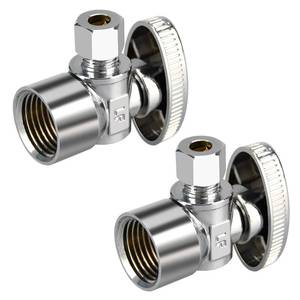 lot 9416 image: Stop Valves, 2 Pack 12 x 38 Angle Stop Valve, 12 FIP Angle Input, 38 OD Compression Output, 14 Turn, Chrome Plated Brass for Kitchen, Faucet, Toilet Valves