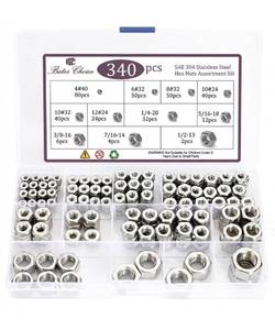 lot 9431 image: Bates- SAE Hex Nuts Assortment Kit, 11 Sizes, 340 pcs, Stainless Steel, 4#40 6#32 8#32 10#24 10#32 12#24 14-20 516-18 38-16 12-13, Hardware Nuts
