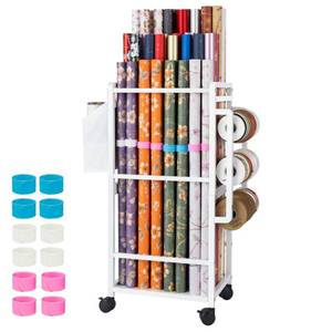 lot 9460 image: Aquzee Gift Wrapping Paper Organizer Storage, Rolling Gift Wrap Storage Stand, Vertical Wrapping Paper Storage Cart, Ribbon Organizers, 12 PCS Slap Bracelets, Adjustable Rod Design, White