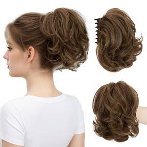 lot 9472 image: youngways Claw Clip Short Ponytail Messy Bun Hair Piece Bendable Hair Branch Extensions Fluffy Wavy Curly Synthetic Versatile Chocolate Hairpieces
