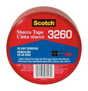 lot 9489 image: Scotch Stucco Tape, 1.88 in x 60yd, 30 Day Clean Removal, Heavy-Duty Outdoor Stucco Tape, UV & Moisture Resistant, Water Resistant Poly Backing, 1 Roll, Red (3260-A)