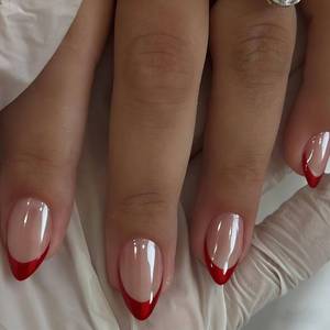 lot 9508 image: JOYVVEW Chrome Red French Tip Press on Nails Short Square, Glazed Gel Fake Nails Press ons, Reusable Sparkle Glue On Nails Design French Tip Nail with Glue for Women in 15 Sizes, 30 Pcs