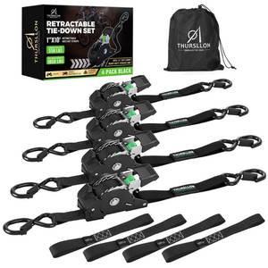 lot 9511 image: THURSLLON Retractable Ratchet Straps (4-Pack) - 1 Inch x 10 Feet (1,650lb Break Strength) - Auto Self Retracting Tie Down Straps for Truck, Cargo Trailer, Motorcycle, ATV, UTV - Black