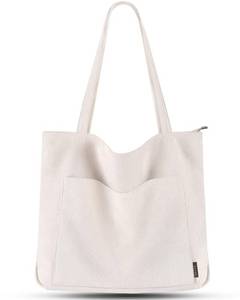 lot 9537 image: Prite Corduroy Tote Bag for Women Large Shoulder Bag with Zipper and Pockets for College Work Travel Shopping(Beige)