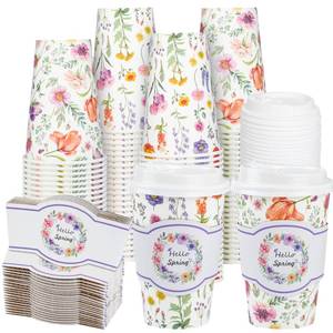 lot 9543 image: Purhapfre 50 Pack 12oz Spring Wildflower Paper Coffee Cups Floral Disposable Cups with Lids & Sleeves 2 Designs Mixed Pink Flower Tea Drink Cup for Easter Wedding, Party, Cafe, Hot & Cold Beverages