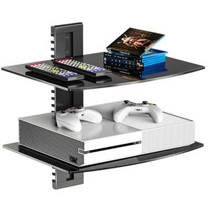 lot 9550 image: WALI Floating TV Shelf, 2 Tier Glass Projector Shelf for DVD Players, Routers, Game Consoles, Cable Boxes, Living Room Decor, Wall Mount Shelves Hold Up to 17.6lbs (CS202B), 2-Shelf, Black
