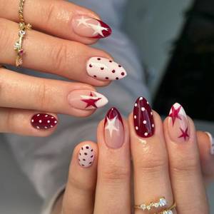 lot 9566 image: Polka Dot Press on Nails Short Almond Fake Nails Cute Red White Nails Press ons with Star & Dots Design,Y2K Reusable Artificial Nails Full Cover Stick on Nails for Women Manicure 24Pcs